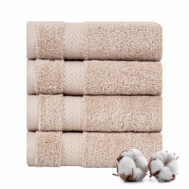 TEXTILOM 100% Turkish Cotton 4 Piece Luxury Washcloth Towel Set for Bathroom & Kitchen, Thick & Super Soft & Highly Absorbent & Quick Dry for Face and Hand- Beige