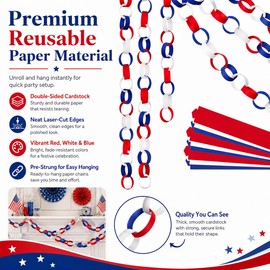 Baluue 4th of July Paper Chain, Red White and Blue Streamers Patriotic 250th Anniversary Paper Chain Strips for Crafting DIY Independence Day Party Decorations