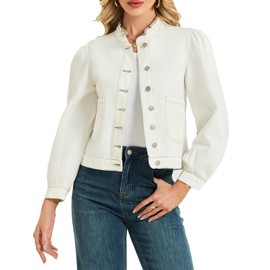 LifeShe Puff Sleeve Denim Jacket for women Ruffle Neck Jean Jacket Trendy 2025 Fall boyfriend Shacket