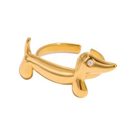 Cute Dachshund Ring for Women Gold Plated Puppy Wiener Dog Adjustable Rings Animal Stacking Statement Rings CZ Crystal Eye Open Band Comfort Fit Middle Thumb Finger Fine Jewelry for Pet Lover