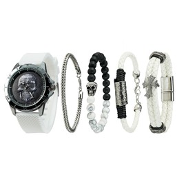 TIME100 Juego de Reloj para Hombre con Pulsera Apilable, Reloj hombres con Diseño de Calavera Negra, Correa de Silicona Blanca, Movimiento de Cuarzo Japonés Impermeable, Regalos para Hombre