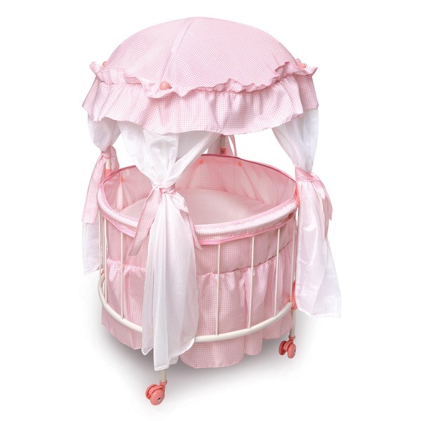 Badger Basket Toy Royal Pavilion Round Doll Bed with Canopy and Bedding for 18 inch Dolls - Pink/White