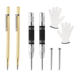ZMDMAH Pack of 2 Automatic Spikes & 2 Scribing Needles, 130 mm Metal Grain Tool Spring Hear Centre Punch Automatic Grain for Metal Wood Glass Tiles with 2 Replacement Tips and Gloves