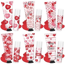 Demissle 6 juegos de crema de manos y bálsamo labial a granel para mujeres – Juego de loción de manos hidratante de caramelo de corazón rojo, regalos 