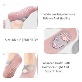 ZANZER (4 Pairs) Yoga Pilates Socks with Straps,Non Slip Grip Socks,Fitness Sport Sock,Grippy Socks for Women Pilates Ballet Barre Barefoot Workout Socks