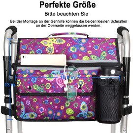Wheelchair Organiser Storage Bag, Double Sided Armrest Bag with Cup Holder and Reflective Strips, for Wheelchairs and Walkers (Purple Butterfly)