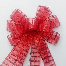 Handmade Sheer Red with Glitter Stripes Christmas Bow