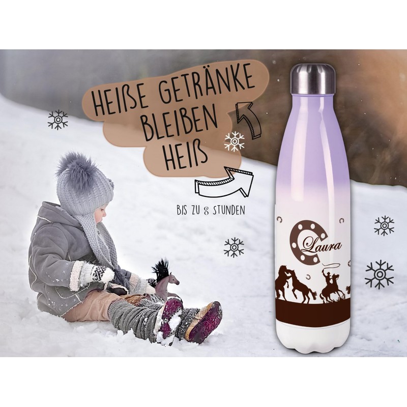 CreaDesign, Children's Stainless Steel Drinking Bottle, Horses, Brown, Purple, Thermal
