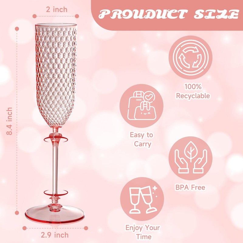 24 Pack Pink Detachable 2 piece Champagne Flutes 5.5 Oz