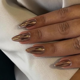 Light Bronze Chrome Press on Nails Medium Almond Nails Press ons Metallic Glue on,Acrylic Fake Nails for Women,Thick Shinny False Glue on Nail Medium Length Stiletto 24Pcs
