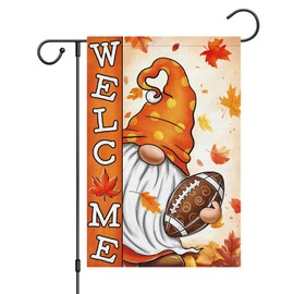 Wodison Fall Football Garden Flag 12x18 Inch Double Sided Outside, Gnome Welcome Autumn Maple Leaves Seasonal Yard Outdoor Flag