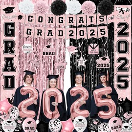 Graduation Party Decorations pink Class of 2025 Graduation Party Supplies Include Banner, Hanging Swirls, Porch Sign, Foil Fringe Curtain, Paper Pompoms
