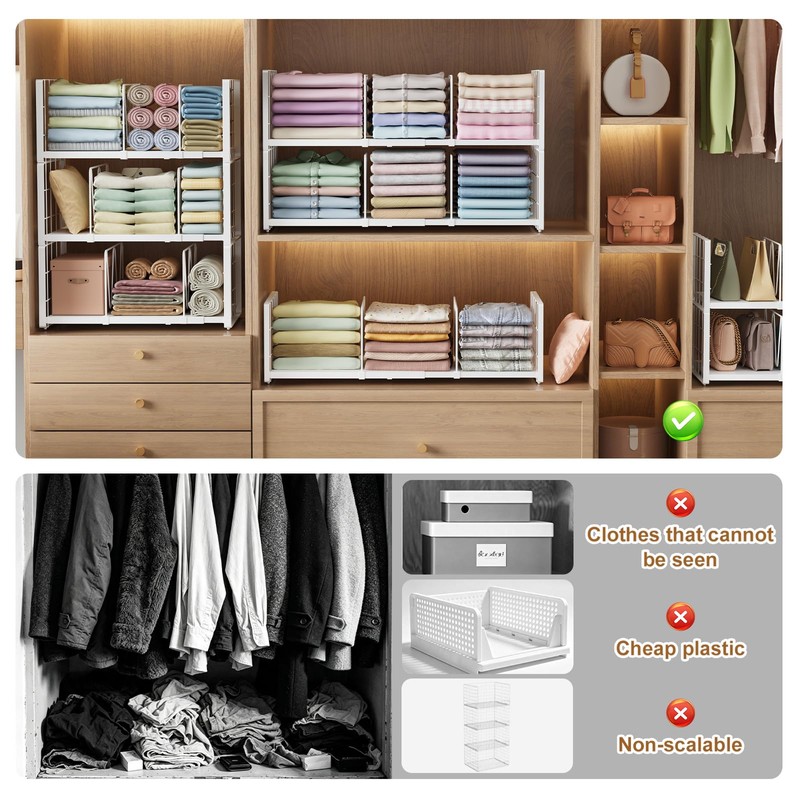 2-Pack Closet Organizers Stackable Clothing Storage Shelves, Expandable Clothes Shelf