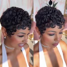 PangDongLai Pelucas Rizadas Estilo Pixie, Elegantes Y Sofisticadas, para Mujeres Negras. Pelucas Cortas de Cabello Humano con Corte Pixie en Capas Y F