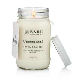 Bare Botanics Unscented Soy Candle 16 oz - Premium Candle in 16 oz Mason Jar - 100% Natural Soy Wax & Lead-Free Cotton Wick - Handpoured in USA - 60 Hrs Long Burning