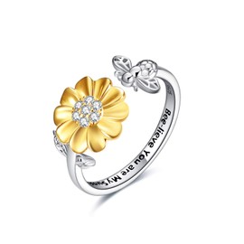 YFN Bee-lieve You Are My Sunshine Rings Sterling Silver Sunflower with Bee Open Adjustable Ring for Women Girls (Bee)