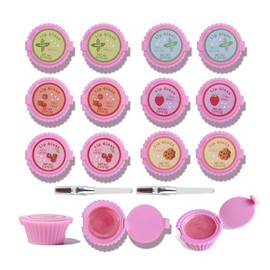 Mebtmel- 12 piezas de brillo labial de cupcakes para regalos de fiesta de niñas, juego de bálsamo labial, surtido de regalos frutales, lindos diseños de cupcakes