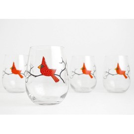 Cardinal Wine Glasses, Set of Four Stemless Christmas Glasses, Holiday Hosting, Red Bird Glassware