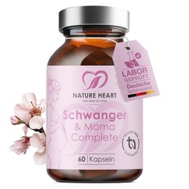 Nature Heart Pregnant & Mama Complete 60 Capsules - With Folate, Iron, Iodine, Choline & Vitamins - Vegan - For Desiring Children, Pregnancy & Breastfeeding | Mit Folat, Eisen, Jod, Cholin & Vitaminen, Vegan, Für Kinderwunsch, Schwangerschaft & Stillzeit