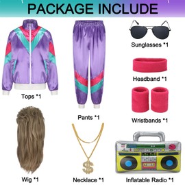 FOVER 80er Jahre Outfit Herren Damen Kostüm Trainingsanzug Pop Art Retro Stil Kostüm Zubehör set mit Aufblasbares Radio Sonnenbrille Halskette Schweißband Mottoparty Fasching Bad Taste Outfit Lila 028S