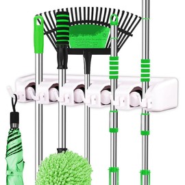 Broom Holder Wall Mount - Mop and Broom Hanger Holder - Garage Storage Rack & Garden Tool Organizer - 5 Position 6 Hooks Broom Rack for Home, kitchen, Garden, Tools, Garage Organization - White Stainless Steel Installation Laundry - Colour: White