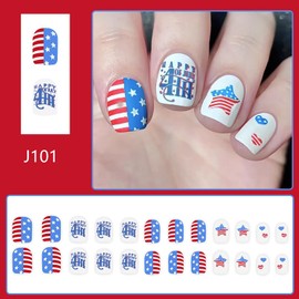 24 Pcs Extra Short Press on Nails Square 4th of July Nails White Fake Nails with Star Designs Acrylic False Nails Full Cover Glue on Nails for Women Girls