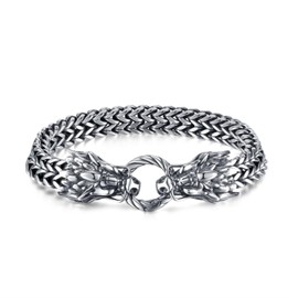 jonline24h Stainless Steel Mens Womens Double Dragon Punk Rock Biker Charm Link Bracelet Bangle Silver