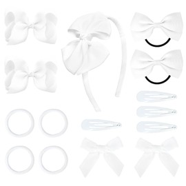 DEEKA White Hair Accessories Set - 15 Pieces Uniform Bows, Clips, Headband, and Ties for Little Toddler Girls