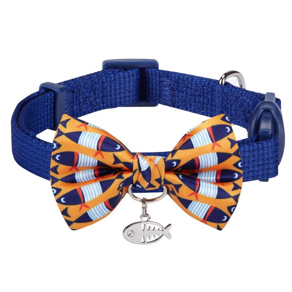 Blueberry Pet Timeless Navy Blue Breakaway Adjustable Chic Fish Print Handmade Bow Tie Cat Collar with European Crystal Bead on Fish Charm, Neck 9"-13", Bow 3" * 2"