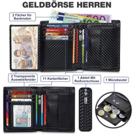 WONSEFOO Men's wallet with RFID technology, carbon fibre wallet with 11 card slots, 1 coin compartment and 1 vertical zip pocket, 2 ID windows, 2 note compartments, gifts, black, Classic