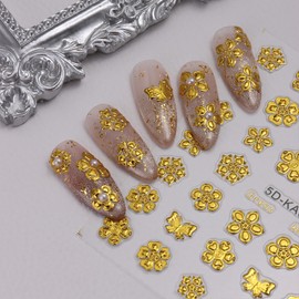 QEYRIYI 2 Sheets Flowers Nail Stickers for Nail Art Gold Laser Floral Nail Decals 5D Embossed Self-Adhesive 5 Petal Flower Nail Stickers Supplies for Women DIY Manicure Decorations Accessories