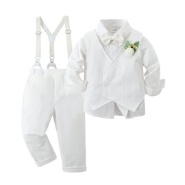 YALLET Toddler Baby Boy Clothes Suit Gentleman Wedding Outfits, Formal Dress Shirt+Bowtie+Vest+Boutonniere+Suspender Pants(V Pure White, 2-3T)