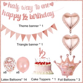 Half Way To One Decorations - 20 Pcs Happy 6 Months Decoration Including Rose Gold Happy 1/2 Birthday Banner Triangle Flag Confetti Latex Balloons For Baby Girls Party Supplies