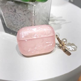 for Cute Airpods Pro 2nd/1st Gen Case Pink Girl Wome, Glitter Shell Pattern Airpods Pro 2/1 Protective Cover Skin with Luxury Pearl Shell Keychain for Airpods Pro 2nd/1st Generation, Pink