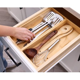 Fabsome Kitchen Utensil Drawer Organizer, Bamboo Silverware Cutlery Flatware Organizer Bins, Wooden Container Storage Trays for Bathroom Vanity Junk Drawer, 15" x 6" Set of 2