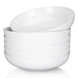 GarveeHome 7.8'' Ceramic Large Pasta Bowls Set of 6, White Pasta Plates 22 OZ, Porcelain Salad Bowls Flat Serving Bowls, Oven & Microwave & Dishwasher Safe