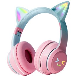 UDUEUD Audifonos Inalambricos para Niños, Auriculares de Gato, Plegables, con Diseño de Orejas de Gato con Destellos RGB, Auriculares Bluetooth para Niños Compatibles con Móviles, Ordenadores, etc