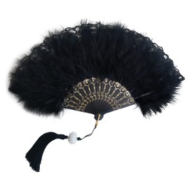 Huralona 1920s Vintage Style Flapper Hand Fan Embroidered Flower Marabou Feather Fan (Lace Black)