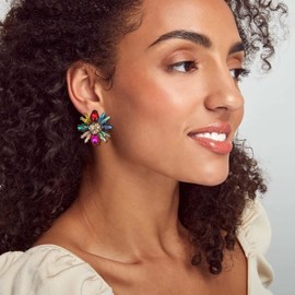 BriLove Bridal Wedding Earrings for Brides Bridesmaid, Women's Victorian Style Crystal Marquise Teardrop Stud Multicolor Antique-Gold-Tone