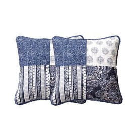 DaDa Bedding Set of 2-Pieces Boho Chic Floral Patchwork Throw Pillow Covers - 100% Cotton Paisley Bohemian Denim Blue Elegance - Bright Vibrant Multi Colorful Navy - 18" x 18" - 2-Pieces