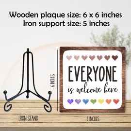 WPBRU 6" Inspirational Wood Decor Everyone Is Welcome Here Wooden Plaque Signs With 1 Metal Support Rustic Equality Desk Decor For Home Office Classroom Bedroom Table Dcor And Accessories - B08