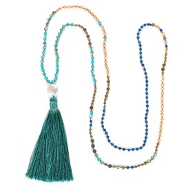 KELITCH Women's Gold Chain Necklace Tassel Peace Sign Necklaces Turquoise Agate Mixed Necklace Tassel Necklace, Crystal, Pearl