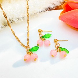 QLUYCKW Gold Plated Sweet Red Cherry Fruit Drop Dangle Earrings Pendant Necklace Set Unique Chic Charm Sparkly Green Leaf Fruit Cherry Statement Earrings Necklace Sets for Women Jewelry Gifts (Pink)