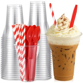 Baderke 50 Set 15oz Plastic Parfait Cups with Red Plastic Soda Spoons and Paper Straws Disposable Root Beer Float Cups Clear Milkshake Mugs for Ice Cream Sundae Yogurt Party Drinks