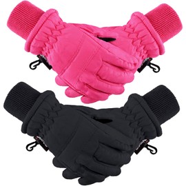 2 Pairs Kids Winter Ski Gloves Waterproof Warm Snow Mittens Full Finger Gloves for Toddlers Infants (Black, Rose Red,3 - 6 Years)