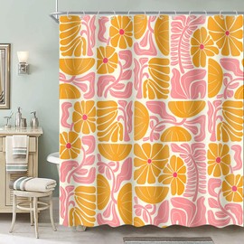 DeeCabin Boho Abstract Colorful Floral Shower Curtain, Vintage Retro Patchwork Orange Pink Flower Botanical Geometric Aesthetic Groovy Bathroom Decor Shower Curtain Set with 12 Hooks, 70X70IN