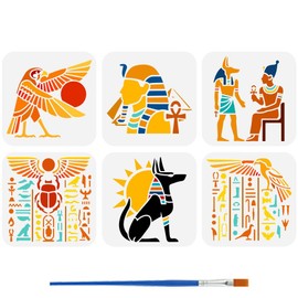 FINGERINSPIRE 6Pcs Egyptian Patterns Stencil with Brush 5.9x5.9 Inch Reusable Ancient God Anubis Stencil Egyptian Divine Birds Stencils Plastic Painting Templates for DIY Wall Art Craft Projects