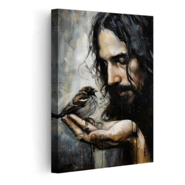 PBXBJY Jesus Picture for Wall Christian Wall Decor God Pictures Painting Jesus and Bird Canvas Prints Religious Artwork for Christ Church Decor Framed (12.00" x 18.00")