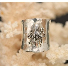 ASFKIPMF S925 Sterling Silver Cuttlefish Squid Wide Bands Ring for Women Girls,Octopus Thumb Ring,Index Finger Inkfish Ring,Retro Gothic Punk Style Jewelry Silver Black Vintage Rings Size O