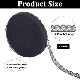 Rnigra 40M Black Lace Ribbon Roll, Lace Trim Width 1.4cm, Trimming for Sewing, Perfect for Crafting, Wedding Decoration, Gift Wrapping, Bow Making, Bouquet(10M/Roll, 4 Roll)